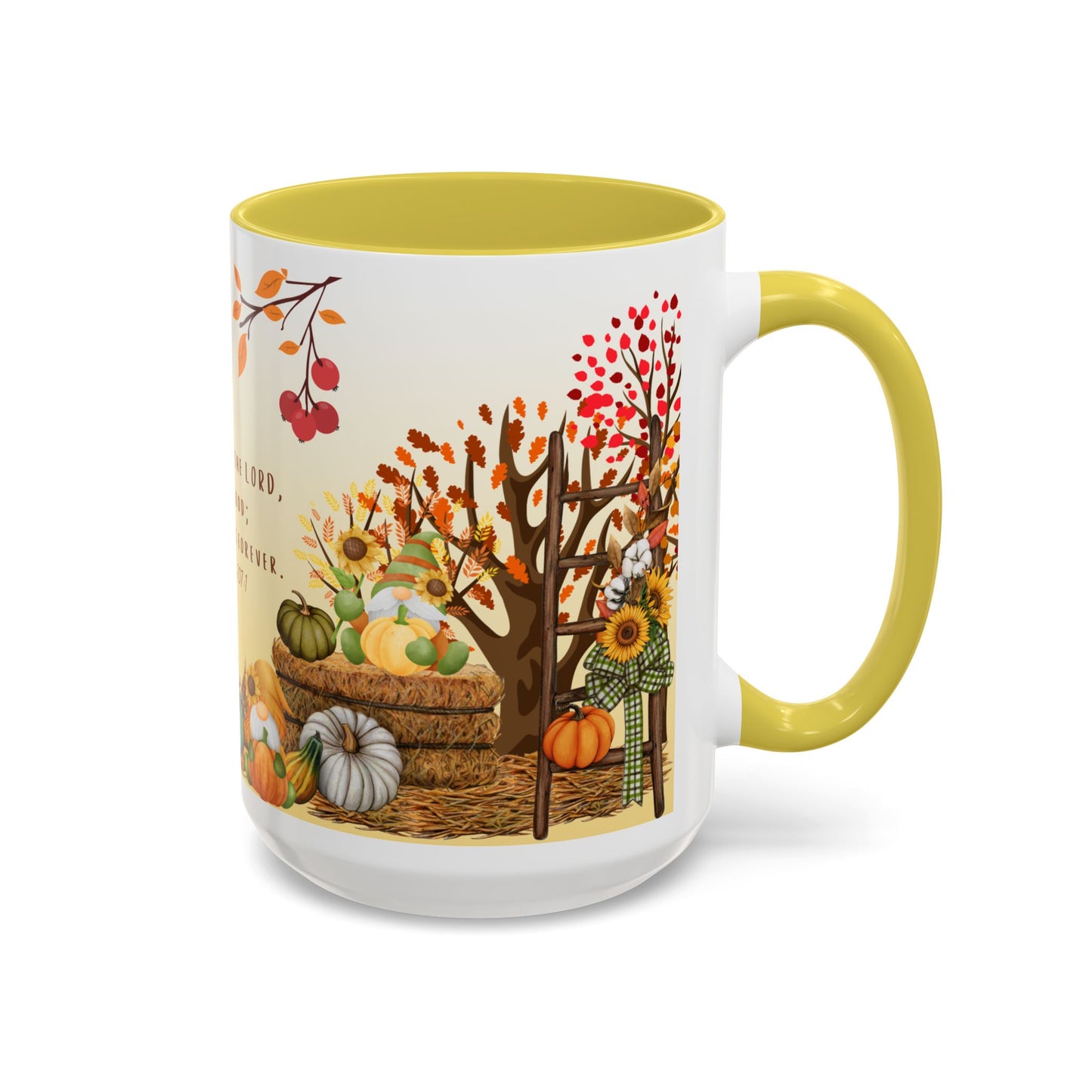 Fall Scripture Mug – Psalm 107:1 – Autumn Trees, Pumpkins & Gnomes