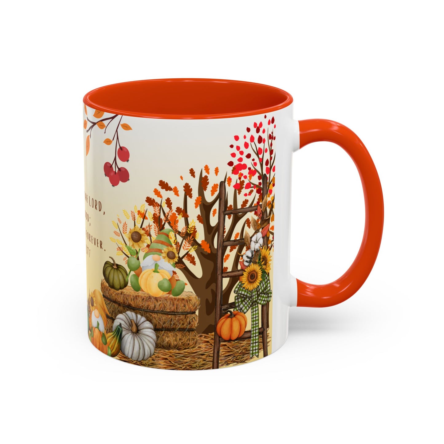 Fall Scripture Mug – Psalm 107:1 – Autumn Trees, Pumpkins & Gnomes