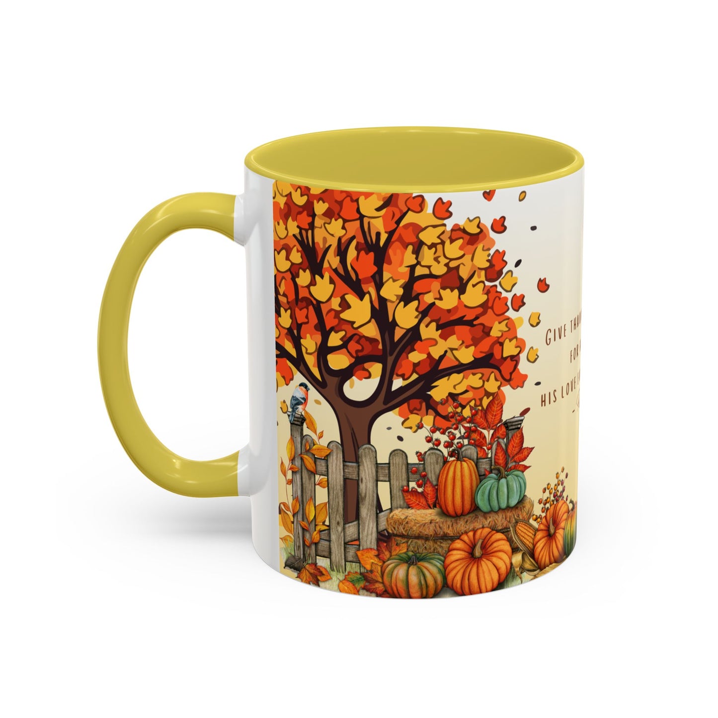 Fall Scripture Mug – Psalm 107:1 – Autumn Trees, Pumpkins & Gnomes