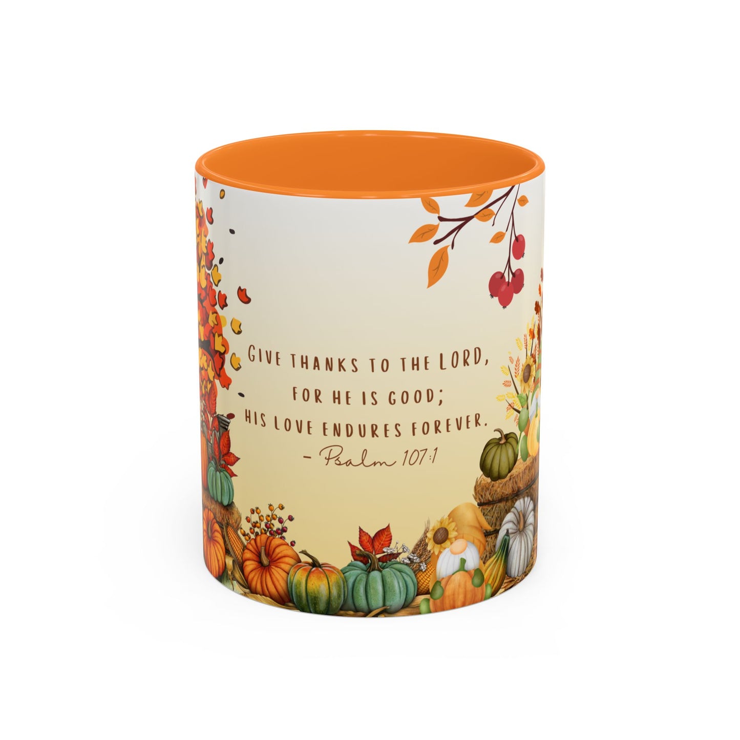 Fall Scripture Mug – Psalm 107:1 – Autumn Trees, Pumpkins & Gnomes