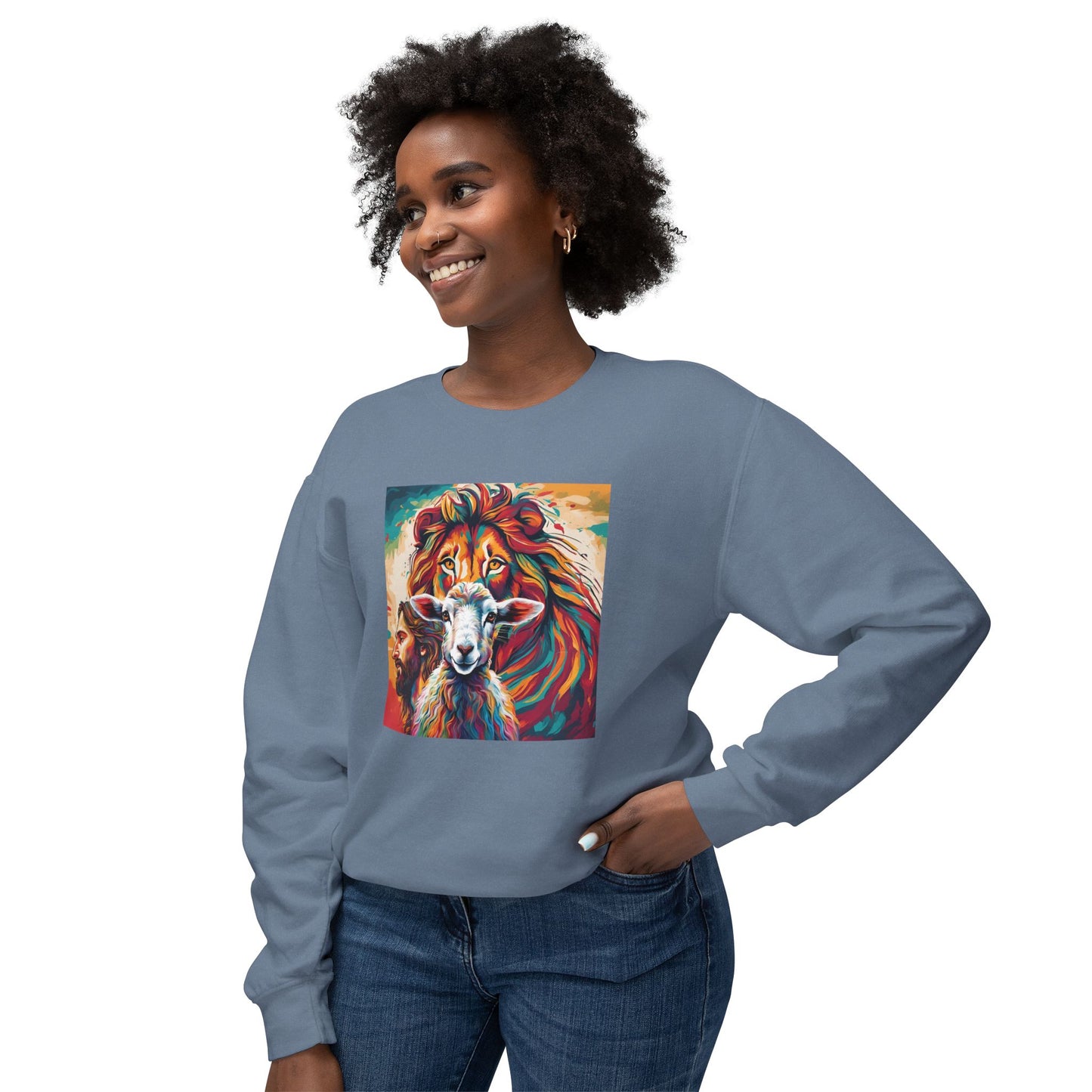 Jesus, Lion, & Lamb Unisex Lightweight Crewneck Sweatshirt