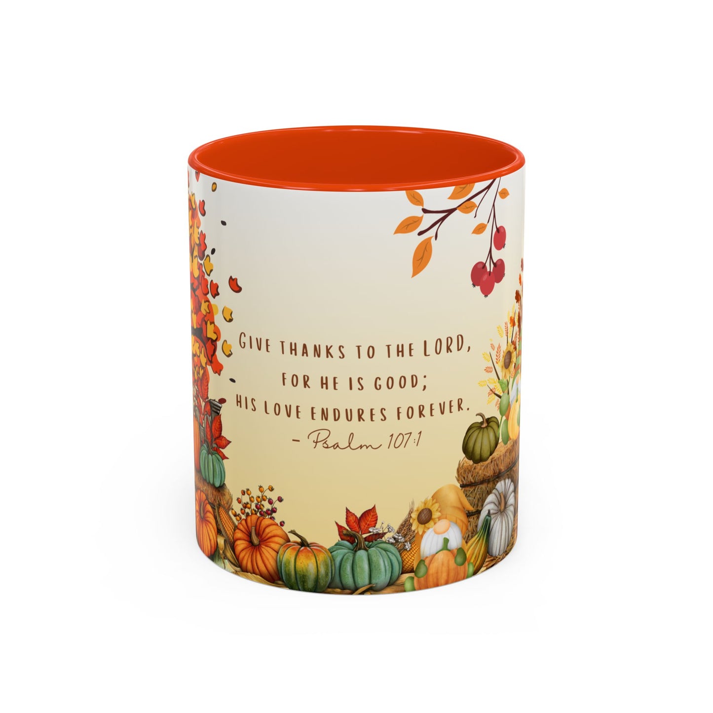Fall Scripture Mug – Psalm 107:1 – Autumn Trees, Pumpkins & Gnomes