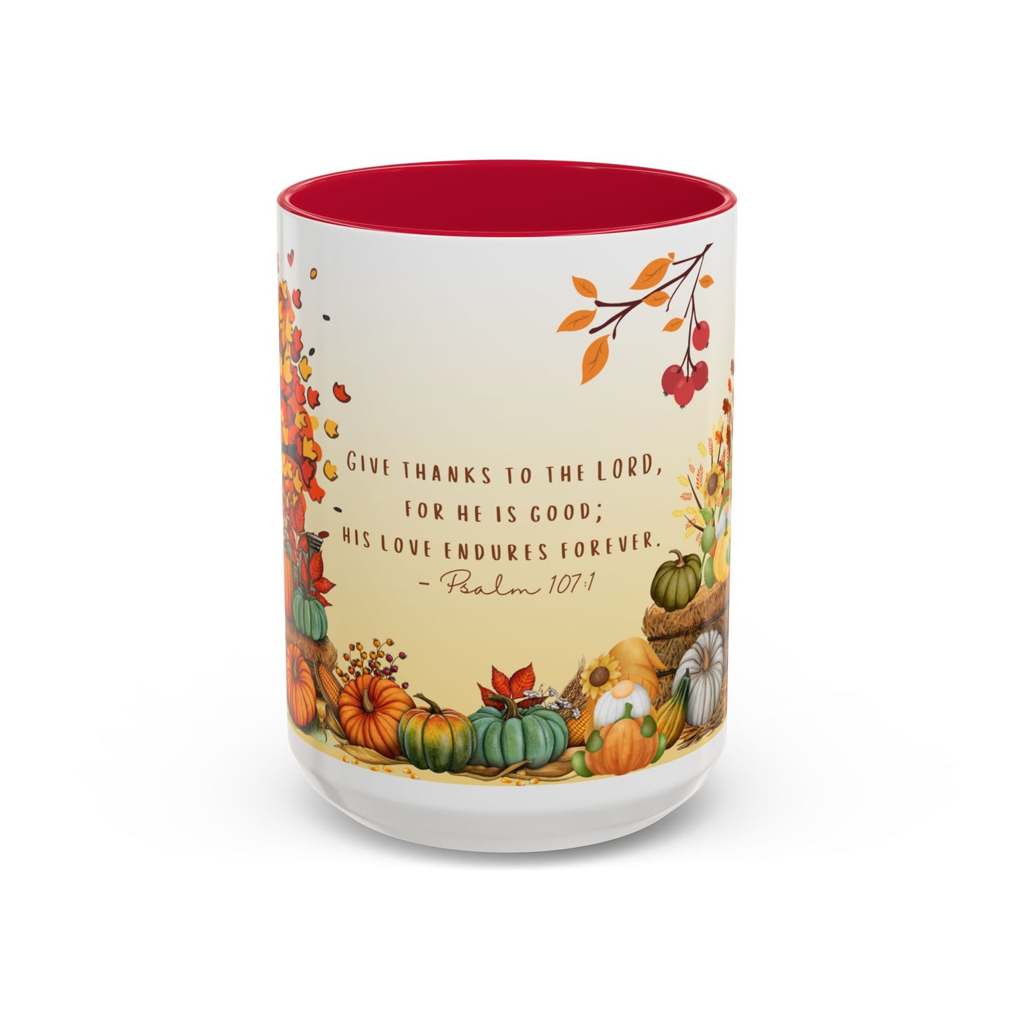 Fall Scripture Mug – Psalm 107:1 – Autumn Trees, Pumpkins & Gnomes