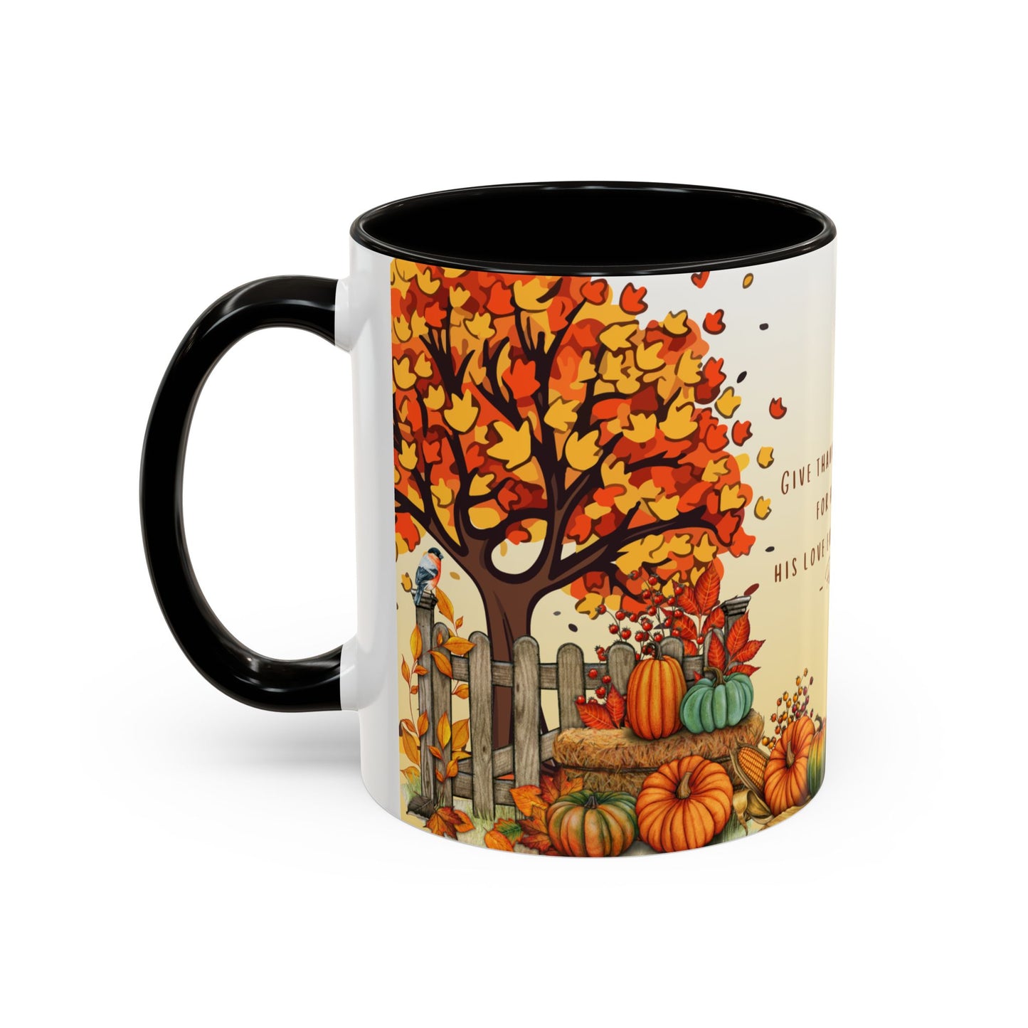 Fall Scripture Mug – Psalm 107:1 – Autumn Trees, Pumpkins & Gnomes