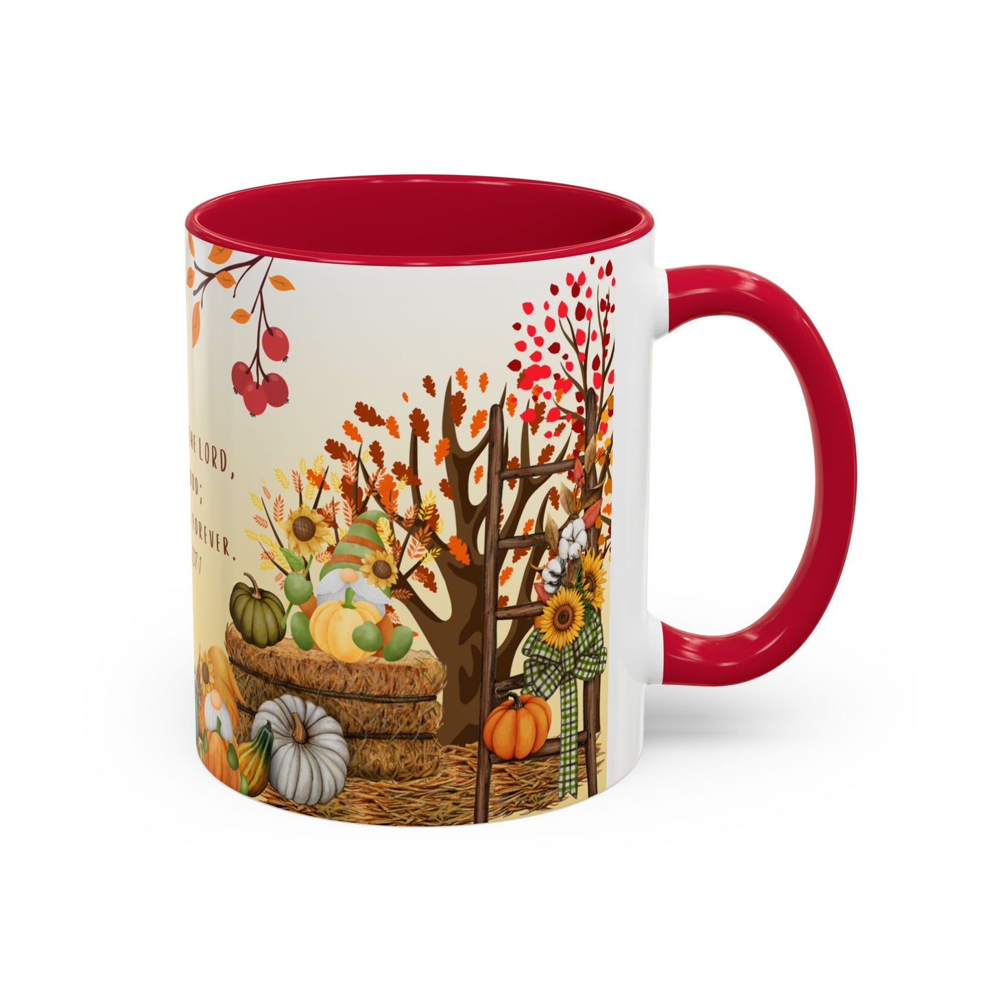 Fall Scripture Mug – Psalm 107:1 – Autumn Trees, Pumpkins & Gnomes