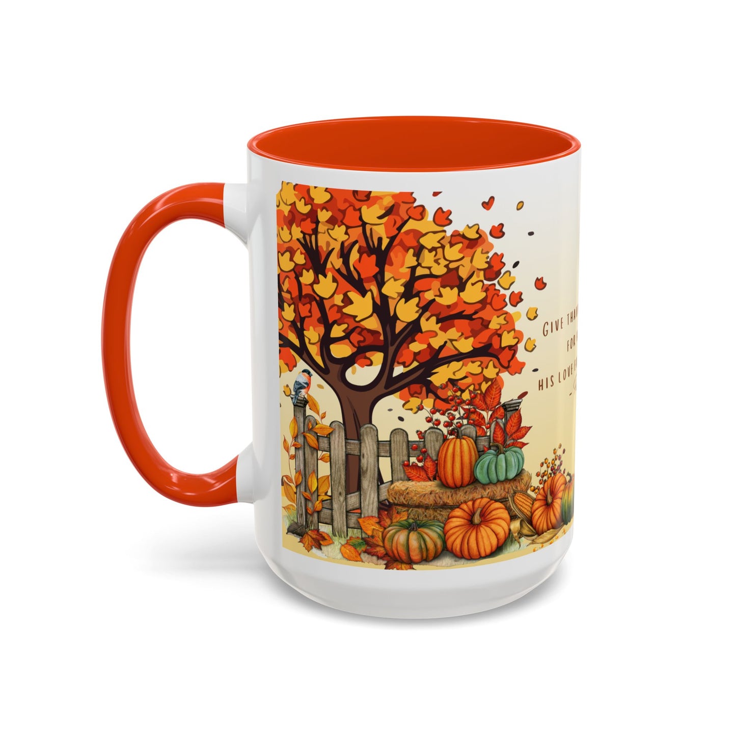 Fall Scripture Mug – Psalm 107:1 – Autumn Trees, Pumpkins & Gnomes