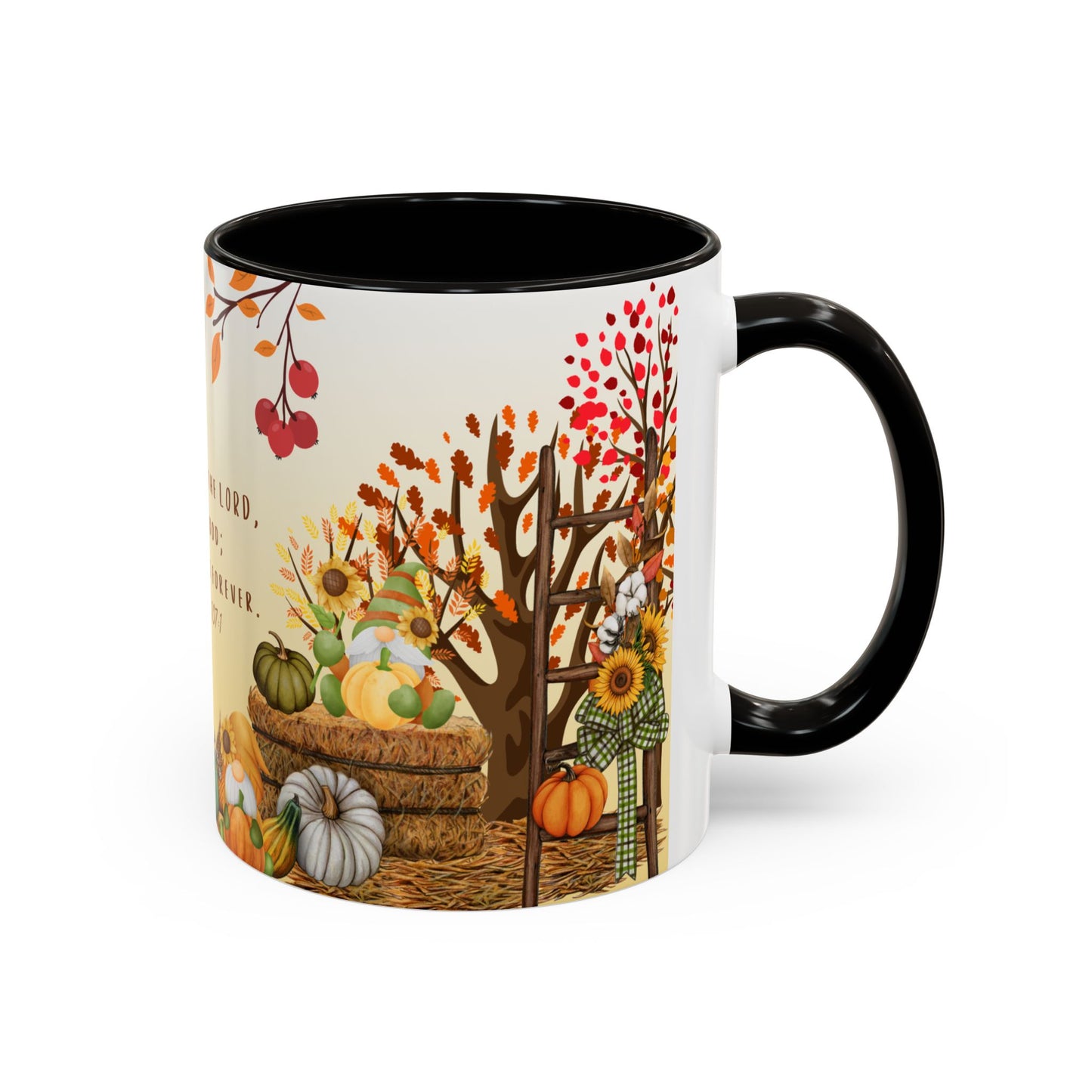 Fall Scripture Mug – Psalm 107:1 – Autumn Trees, Pumpkins & Gnomes