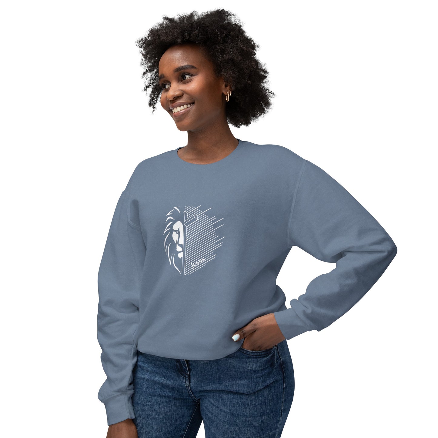 Jesus Lion White Print Unisex Lightweight Crewneck Sweatshirt