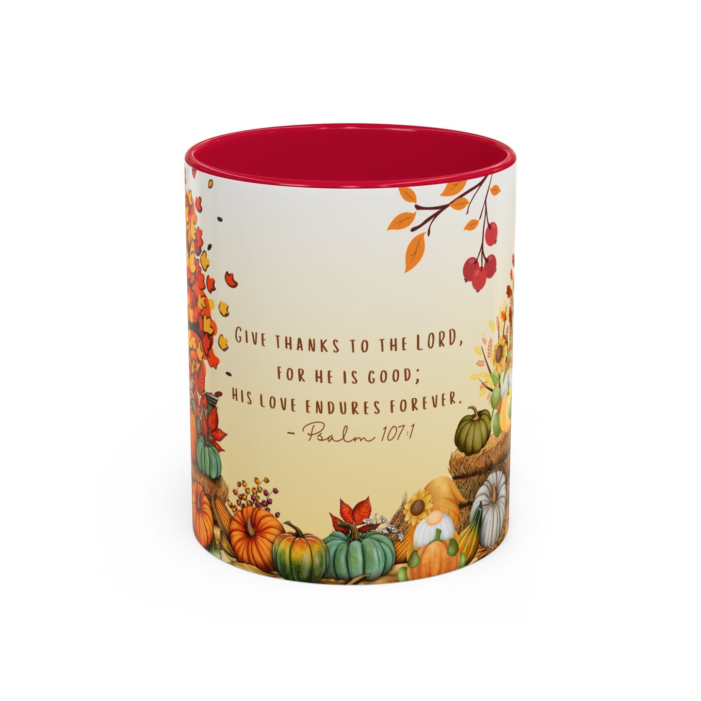 Fall Scripture Mug – Psalm 107:1 – Autumn Trees, Pumpkins & Gnomes