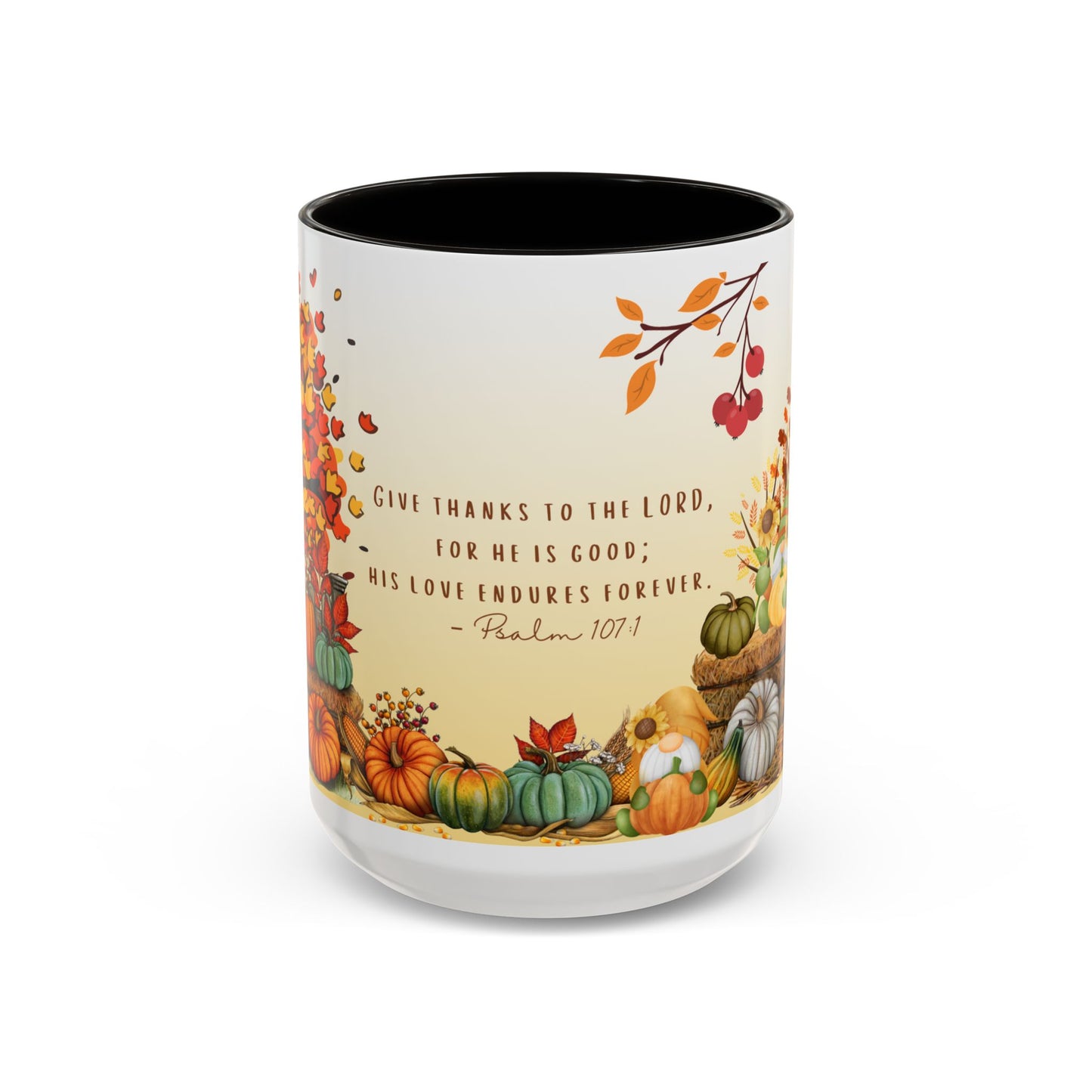 Fall Scripture Mug – Psalm 107:1 – Autumn Trees, Pumpkins & Gnomes