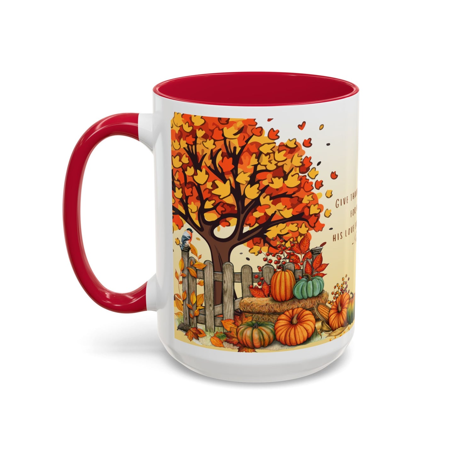 Fall Scripture Mug – Psalm 107:1 – Autumn Trees, Pumpkins & Gnomes