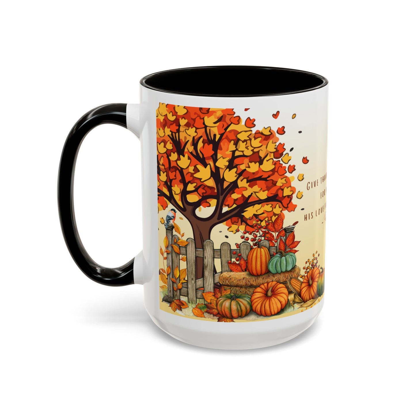 Fall Scripture Mug – Psalm 107:1 – Autumn Trees, Pumpkins & Gnomes