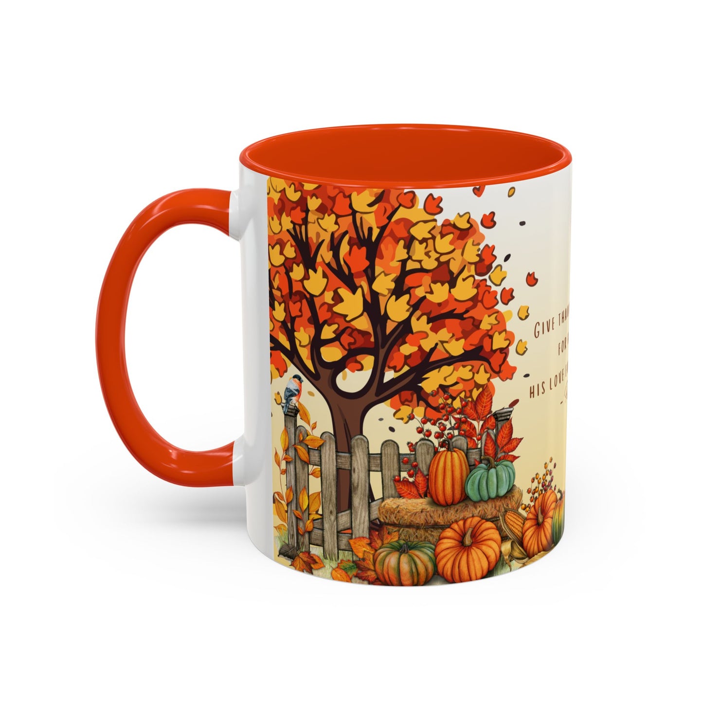 Fall Scripture Mug – Psalm 107:1 – Autumn Trees, Pumpkins & Gnomes