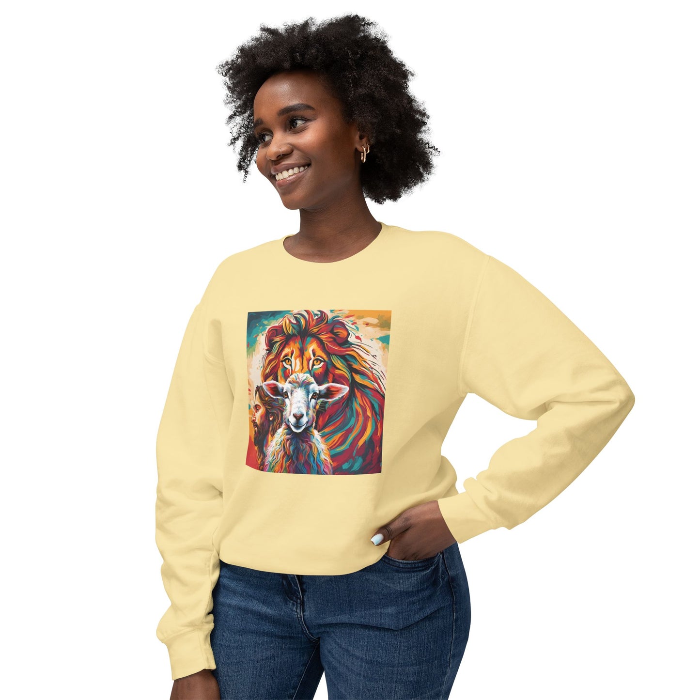 Jesus, Lion, & Lamb Unisex Lightweight Crewneck Sweatshirt