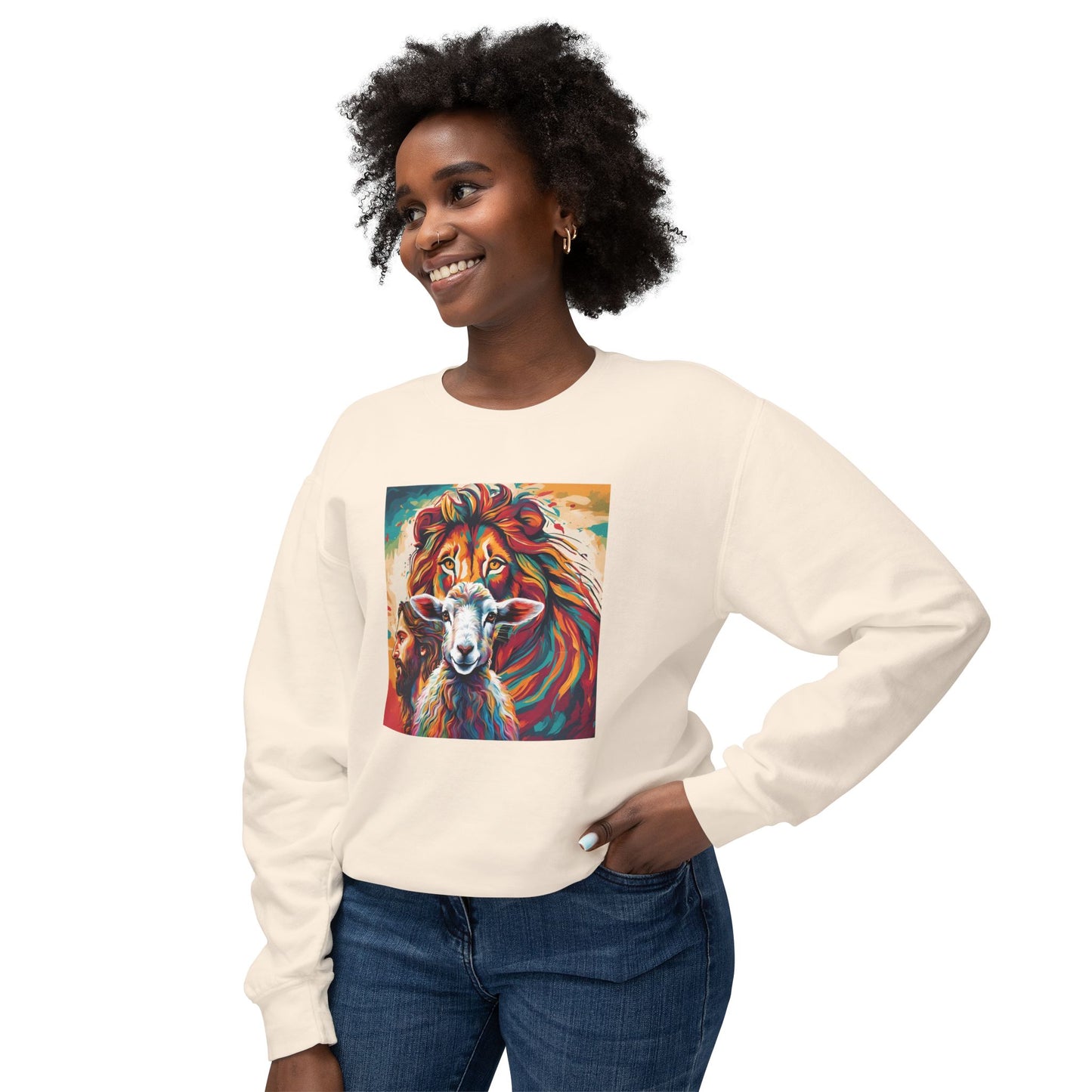 Jesus, Lion, & Lamb Unisex Lightweight Crewneck Sweatshirt