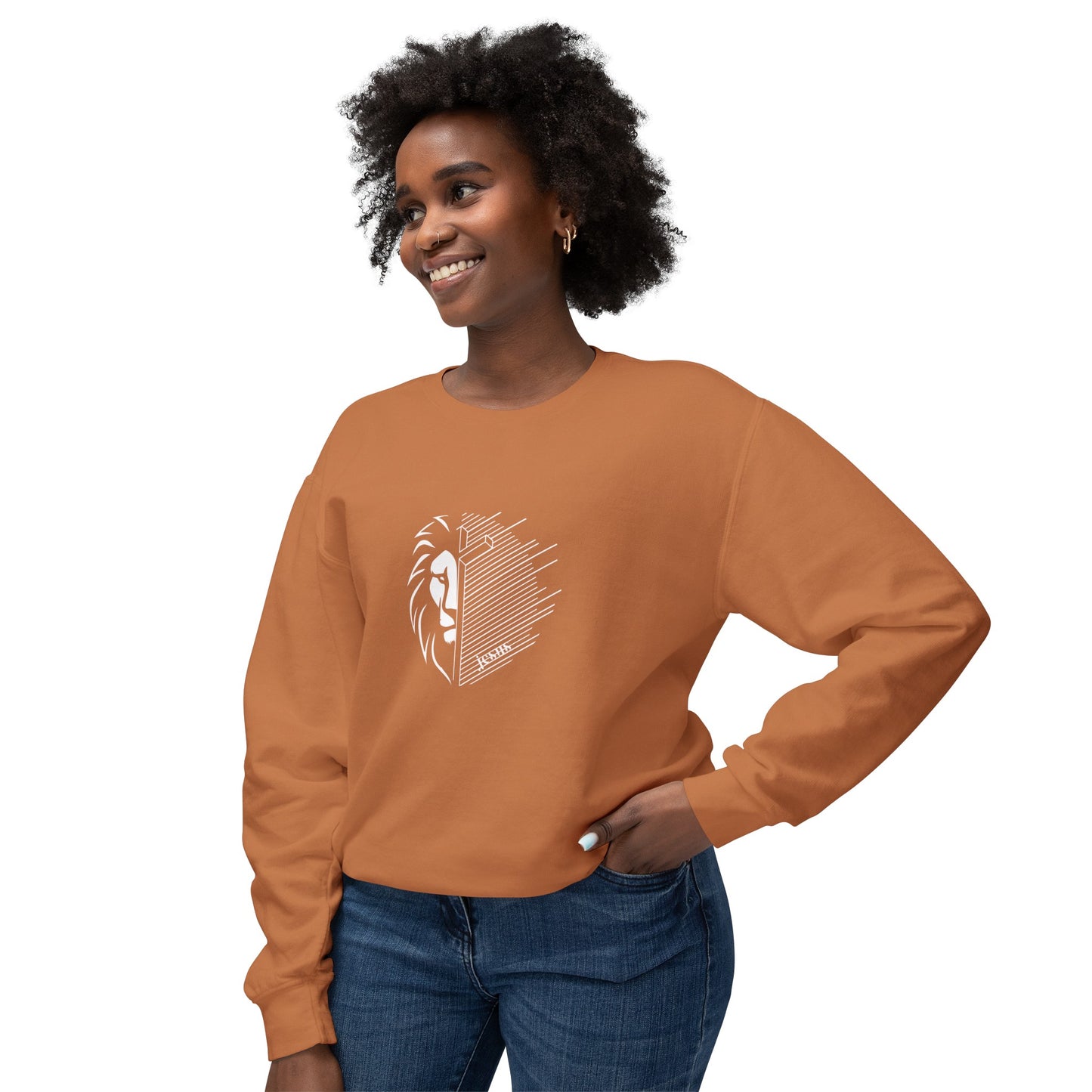 Jesus Lion White Print Unisex Lightweight Crewneck Sweatshirt