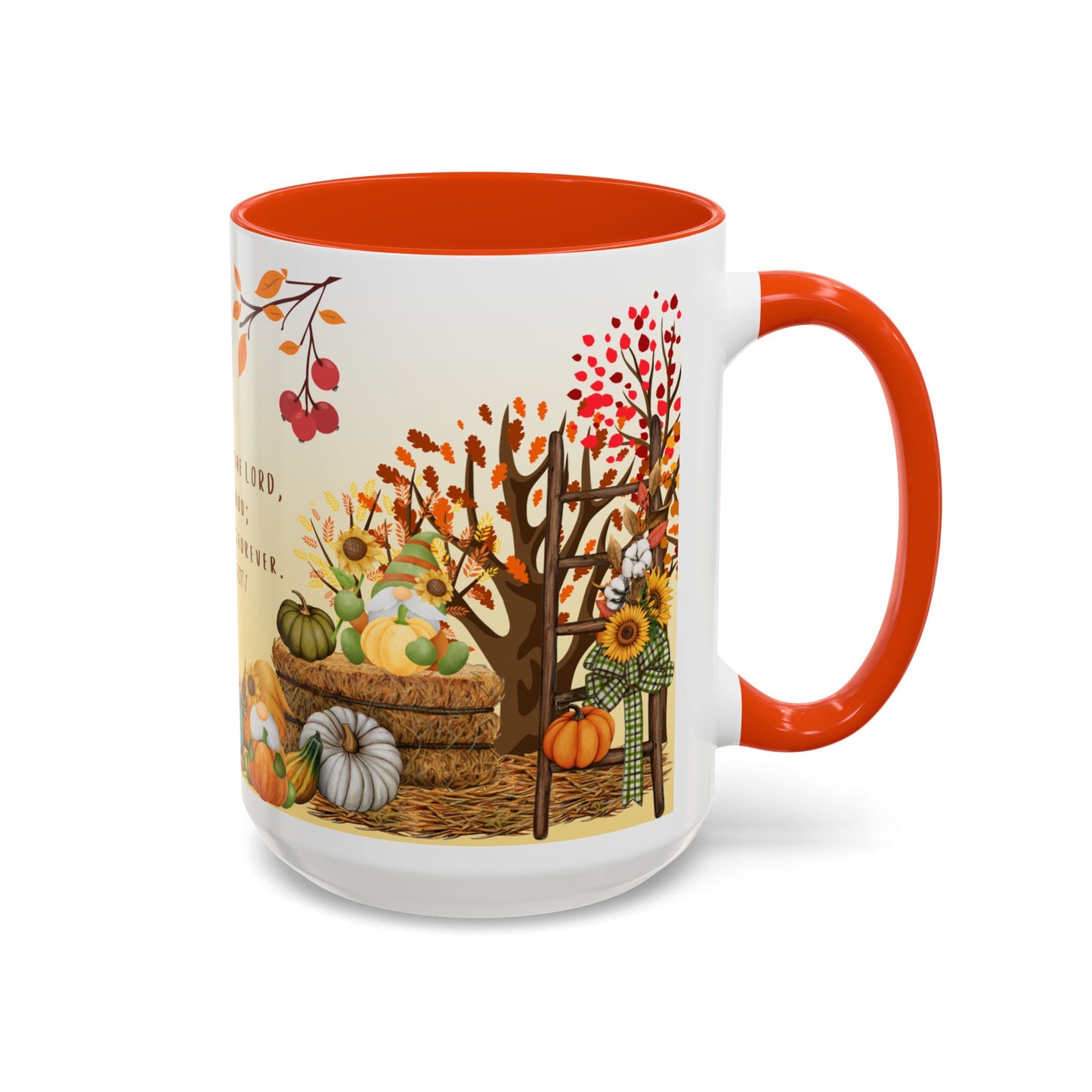 Fall Scripture Mug – Psalm 107:1 – Autumn Trees, Pumpkins & Gnomes