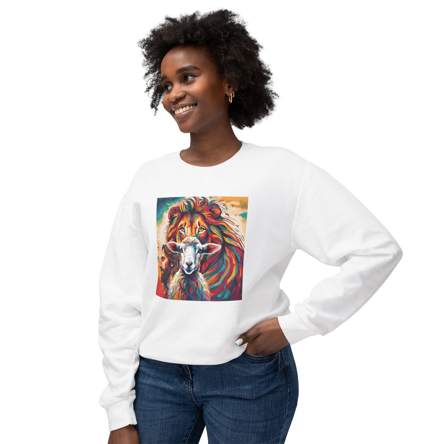 Jesus, Lion, & Lamb Unisex Lightweight Crewneck Sweatshirt