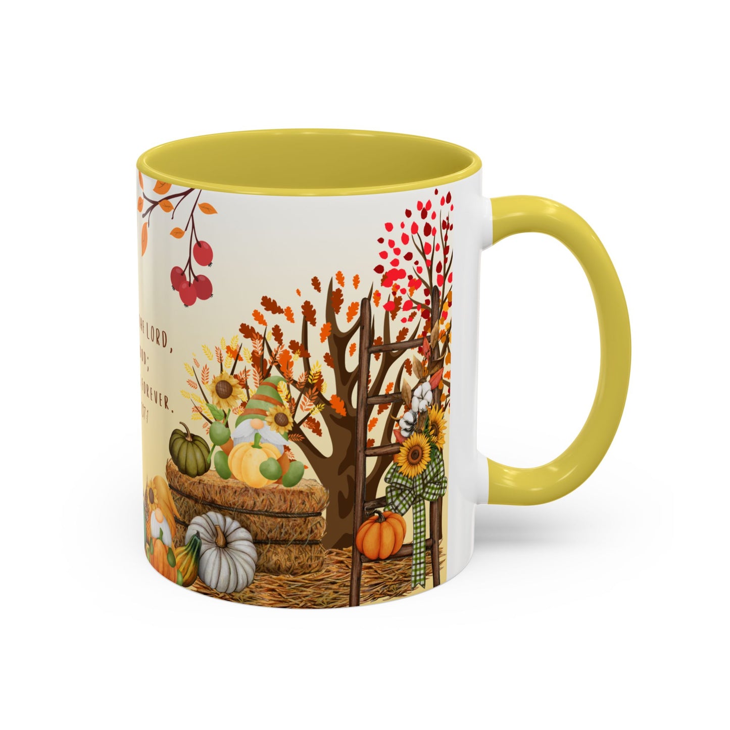 Fall Scripture Mug – Psalm 107:1 – Autumn Trees, Pumpkins & Gnomes