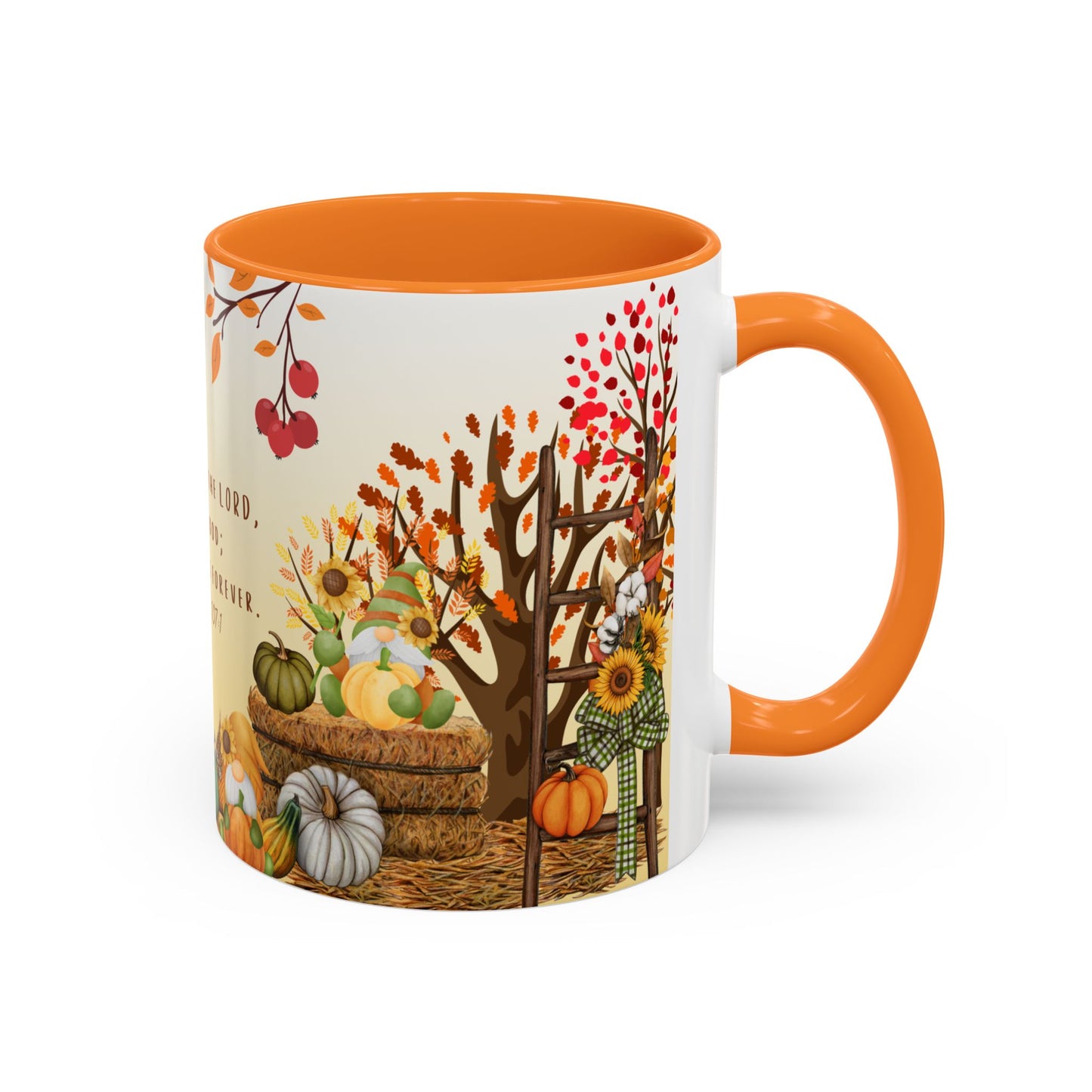 Fall Scripture Mug – Psalm 107:1 – Autumn Trees, Pumpkins & Gnomes