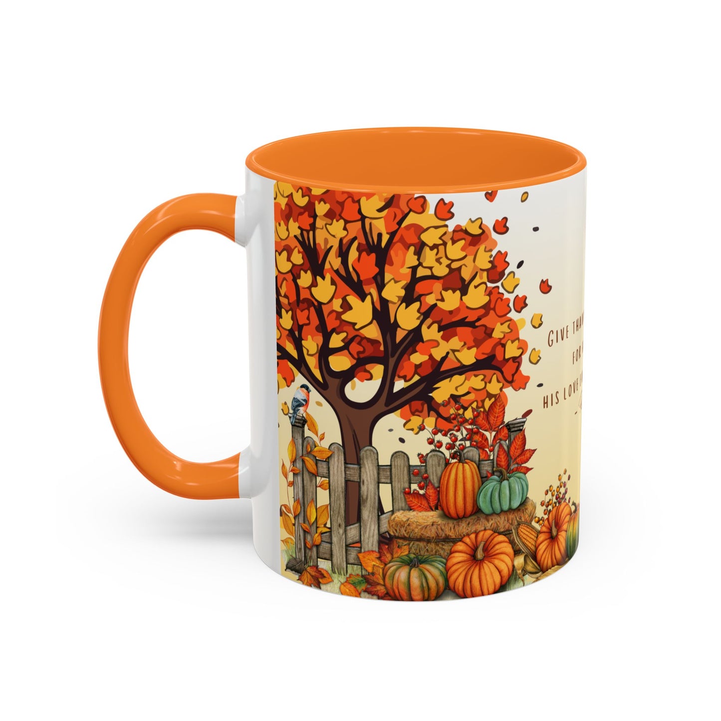 Fall Scripture Mug – Psalm 107:1 – Autumn Trees, Pumpkins & Gnomes