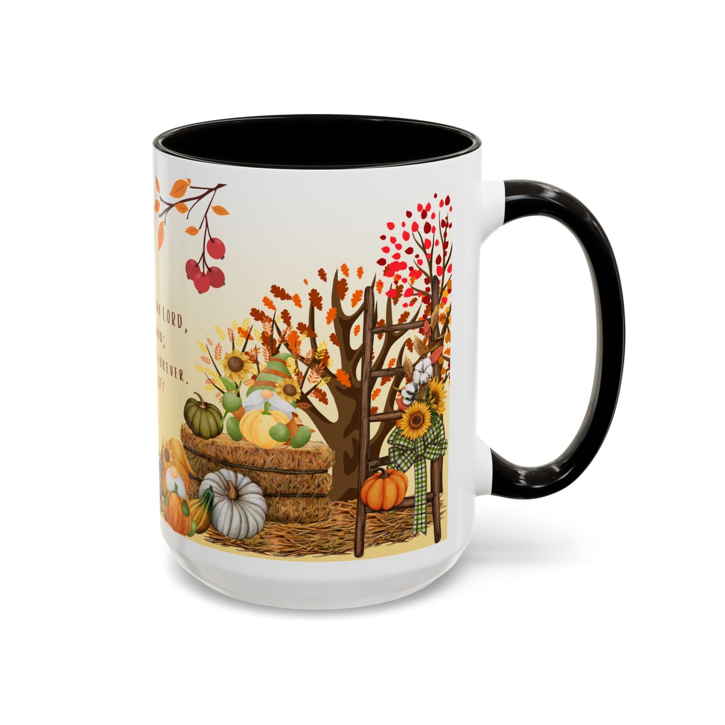 Fall Scripture Mug – Psalm 107:1 – Autumn Trees, Pumpkins & Gnomes
