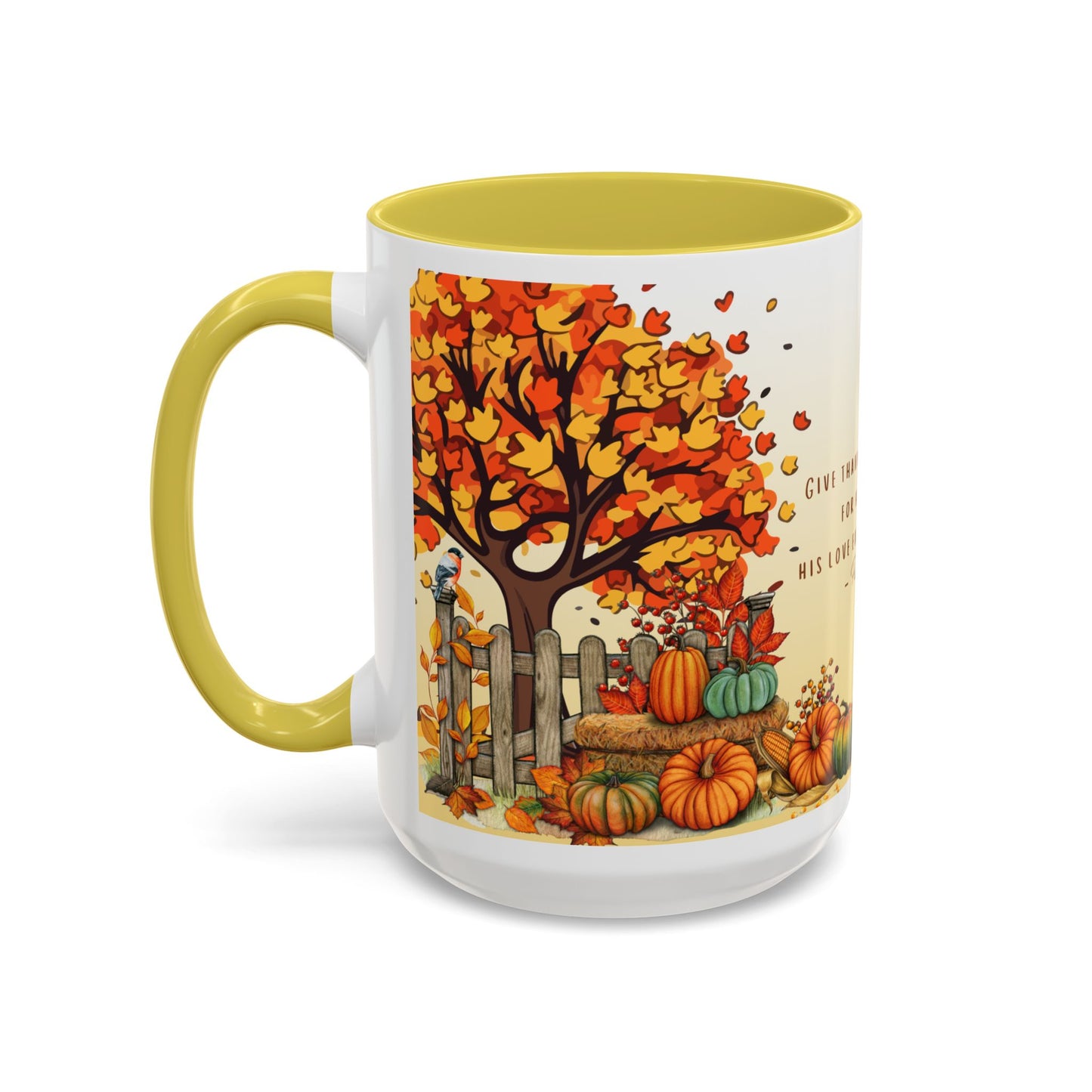 Fall Scripture Mug – Psalm 107:1 – Autumn Trees, Pumpkins & Gnomes