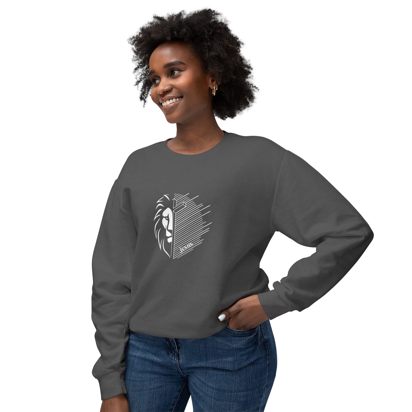 Jesus Lion White Print Unisex Lightweight Crewneck Sweatshirt