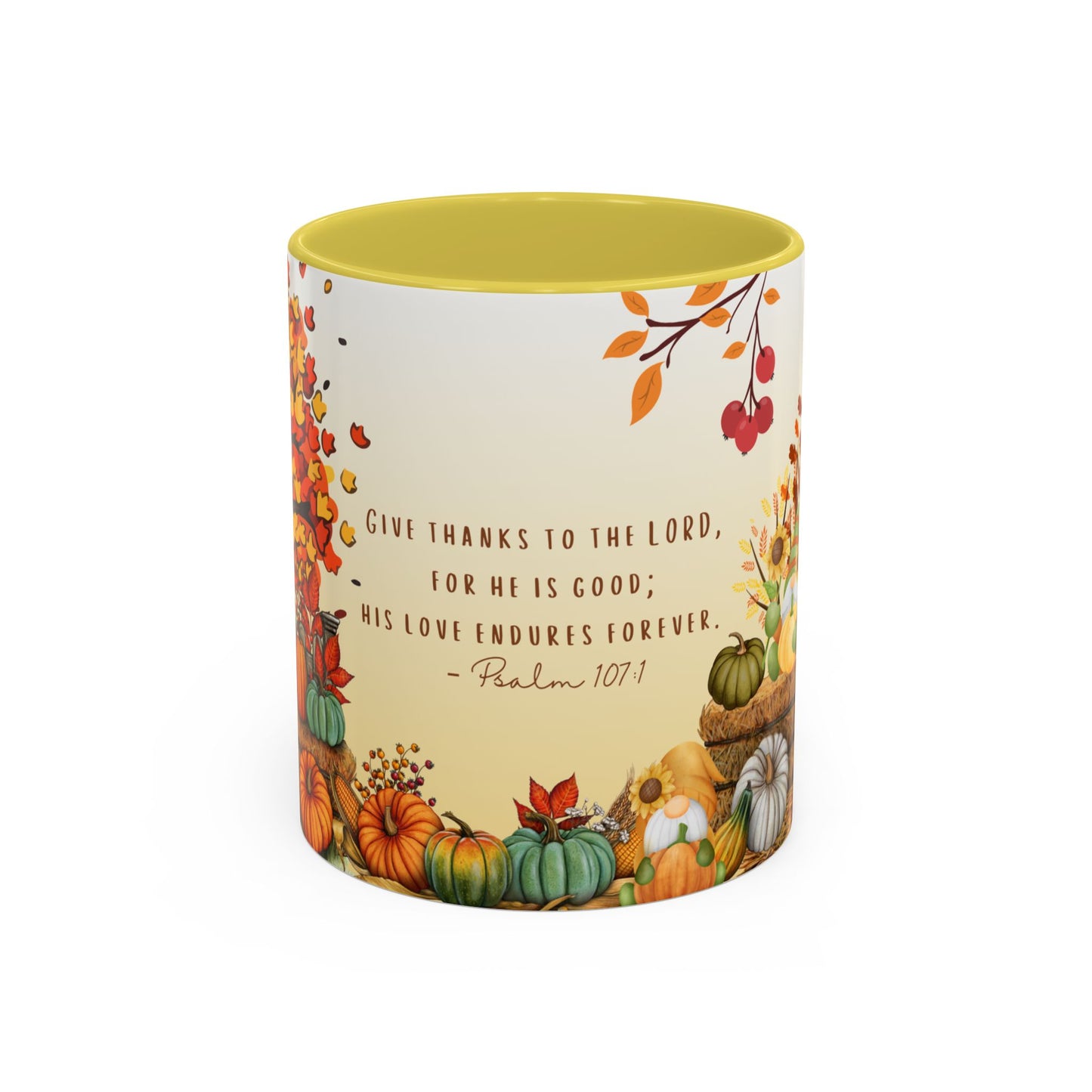 Fall Scripture Mug – Psalm 107:1 – Autumn Trees, Pumpkins & Gnomes