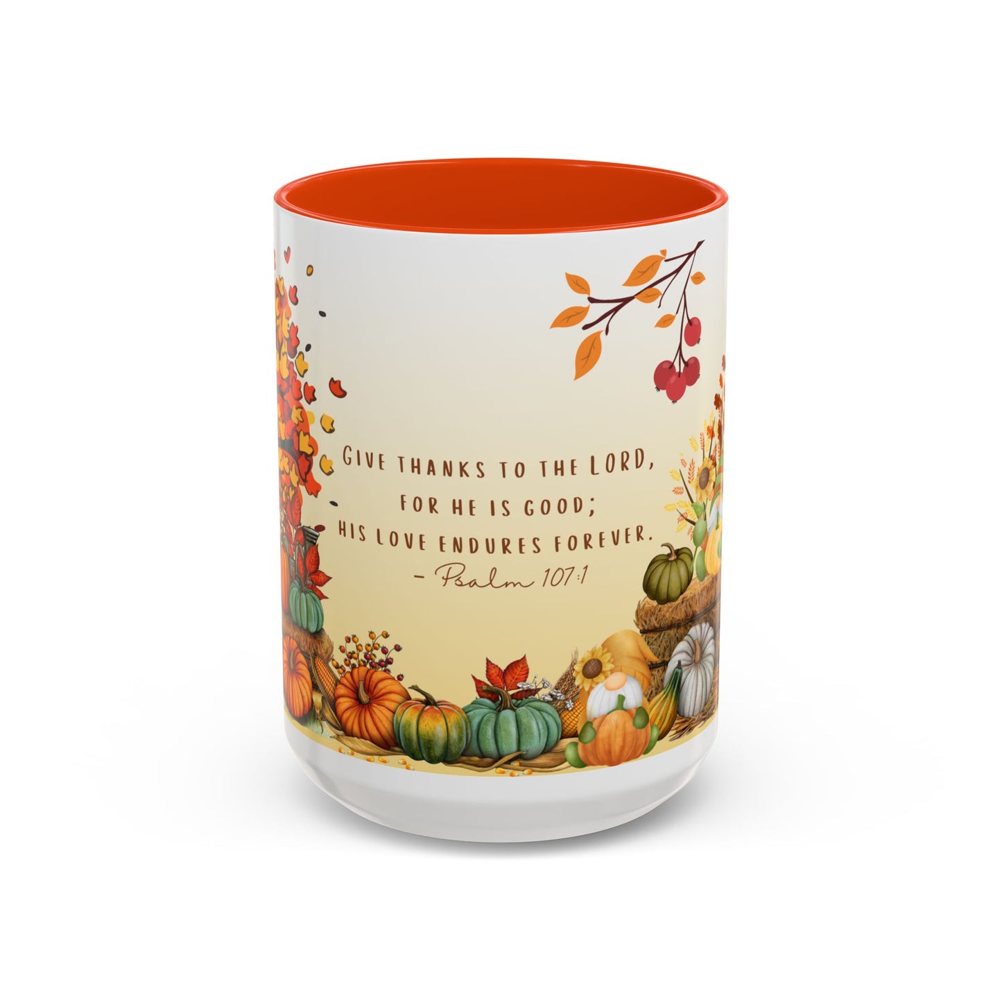 Fall Scripture Mug – Psalm 107:1 – Autumn Trees, Pumpkins & Gnomes