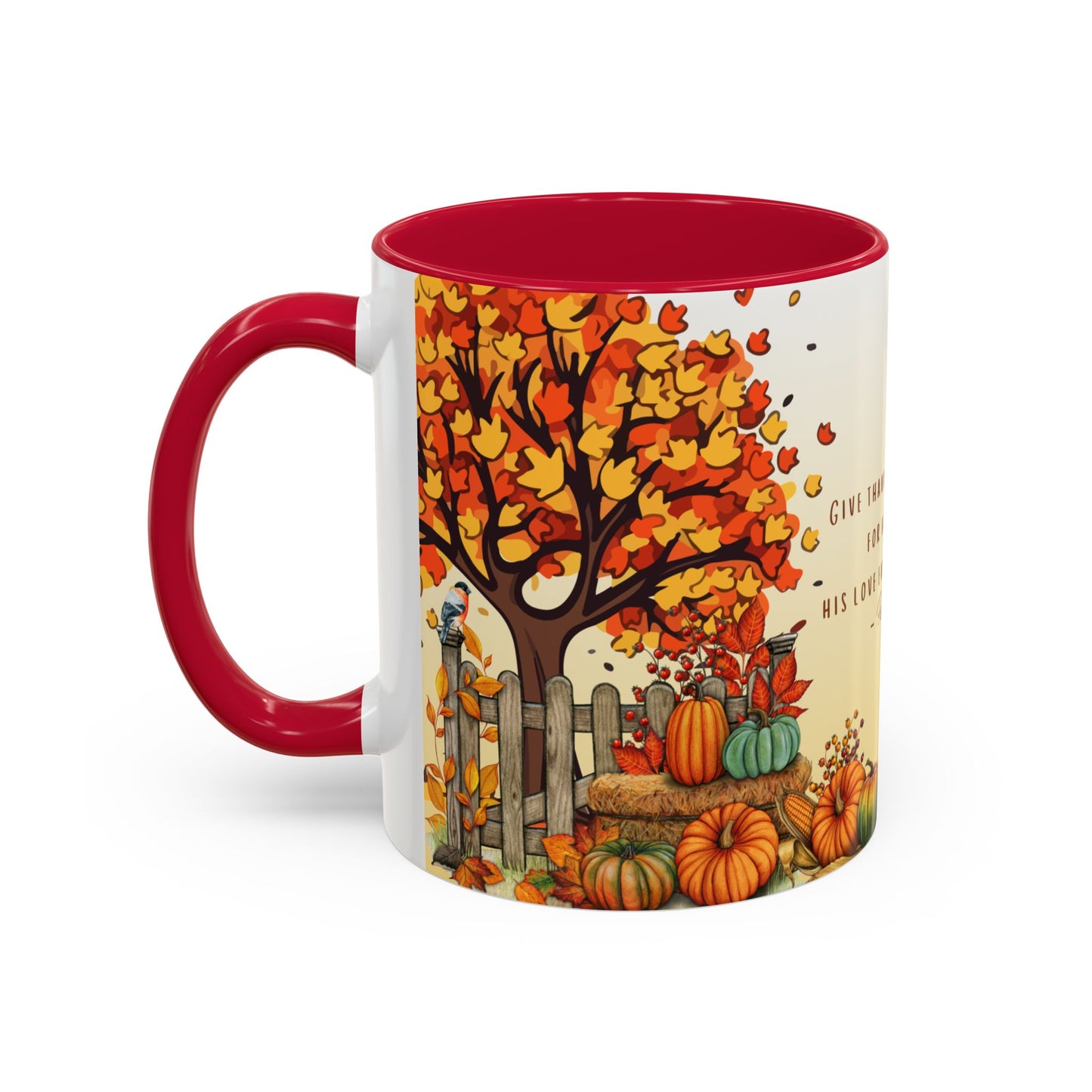Fall Scripture Mug – Psalm 107:1 – Autumn Trees, Pumpkins & Gnomes