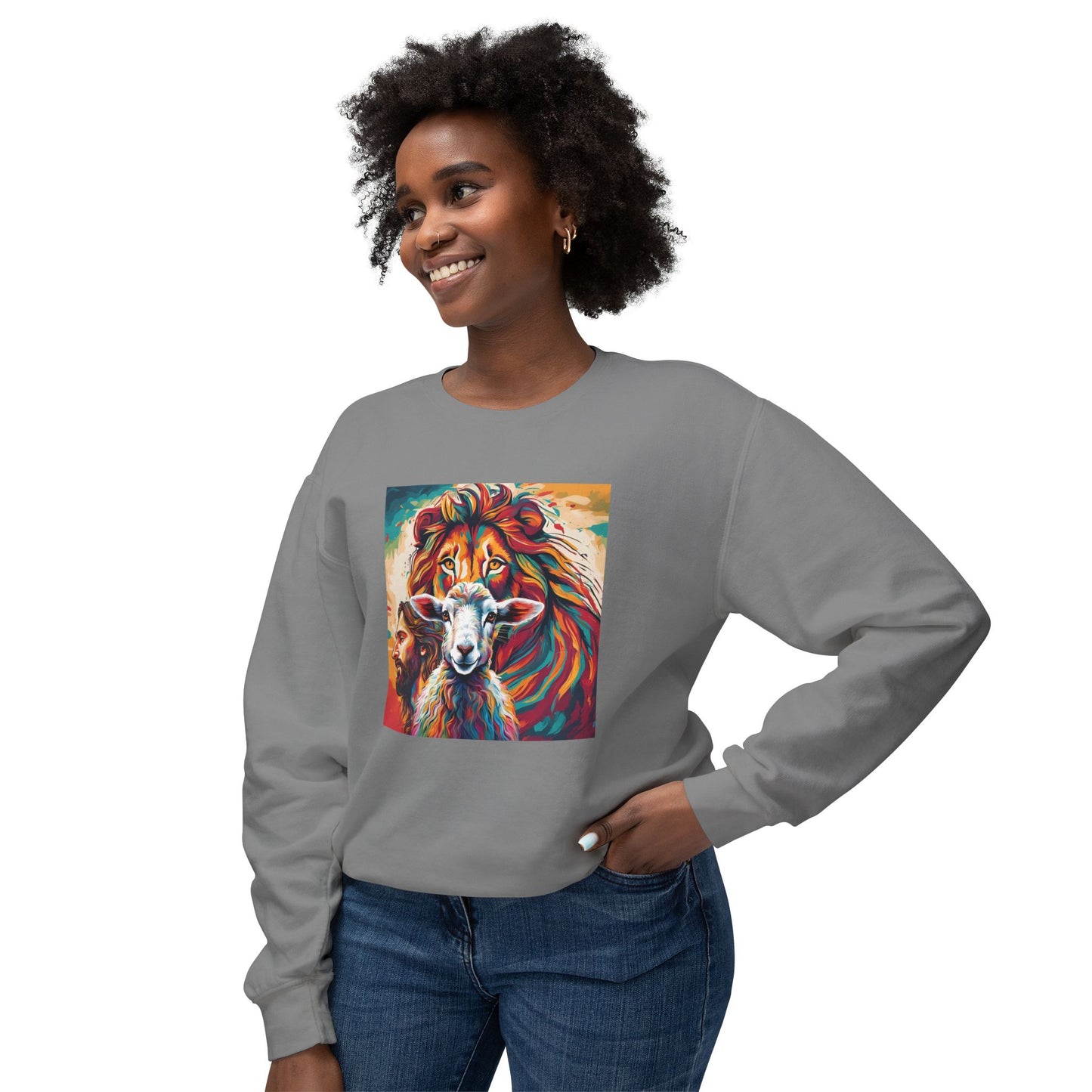 Jesus, Lion, & Lamb Unisex Lightweight Crewneck Sweatshirt