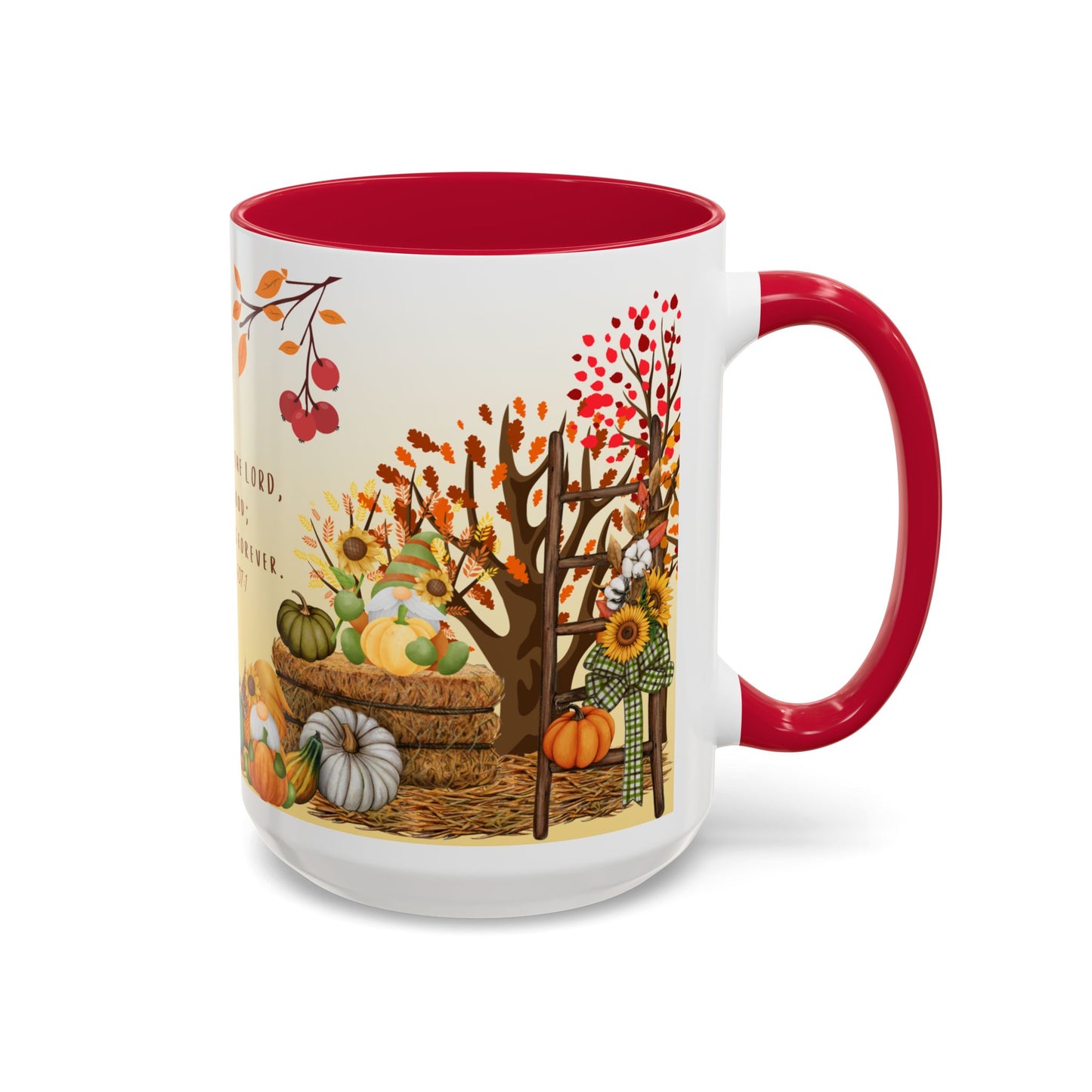 Fall Scripture Mug – Psalm 107:1 – Autumn Trees, Pumpkins & Gnomes