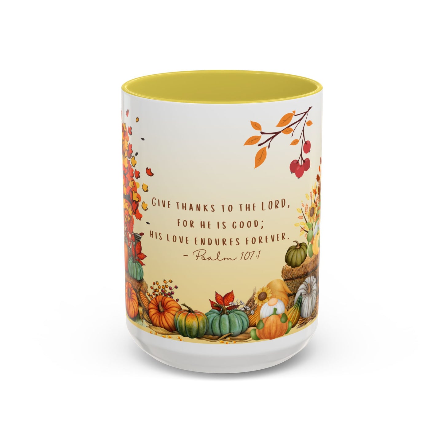 Fall Scripture Mug – Psalm 107:1 – Autumn Trees, Pumpkins & Gnomes