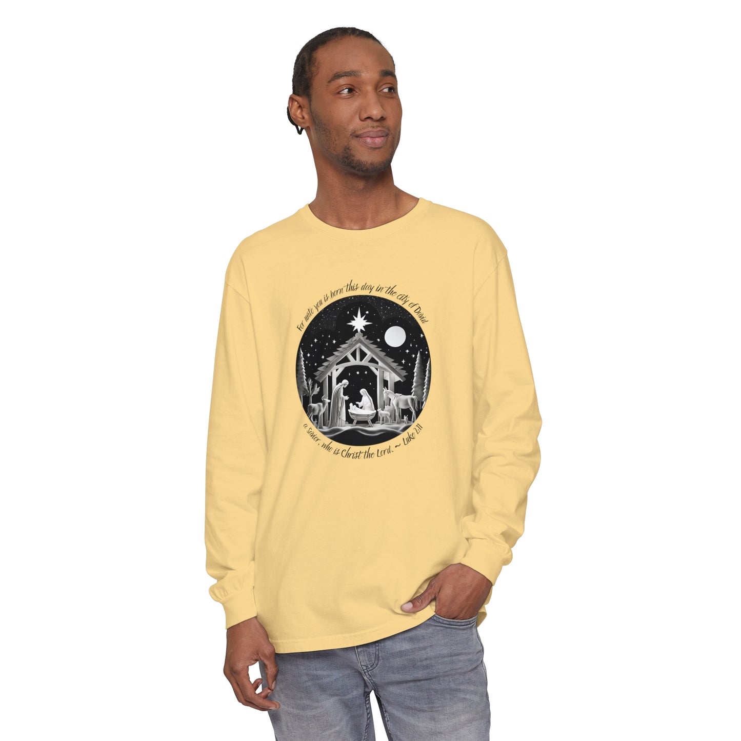 Luke 2:11 A Savior is Born Version 2 Long Sleeve Unisex Christmas T-shirt - Christian cotton tee