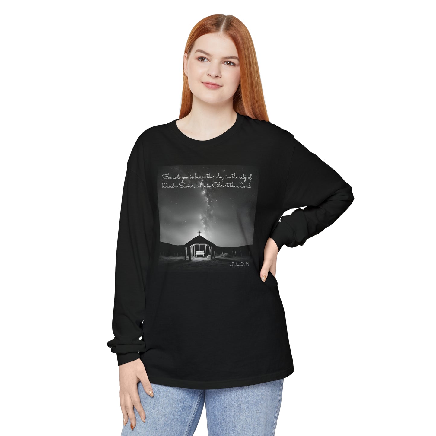 Luke 2:11 A Savior is Born Long Sleeve Unisex Christmas T-shirt - Christian cotton tee