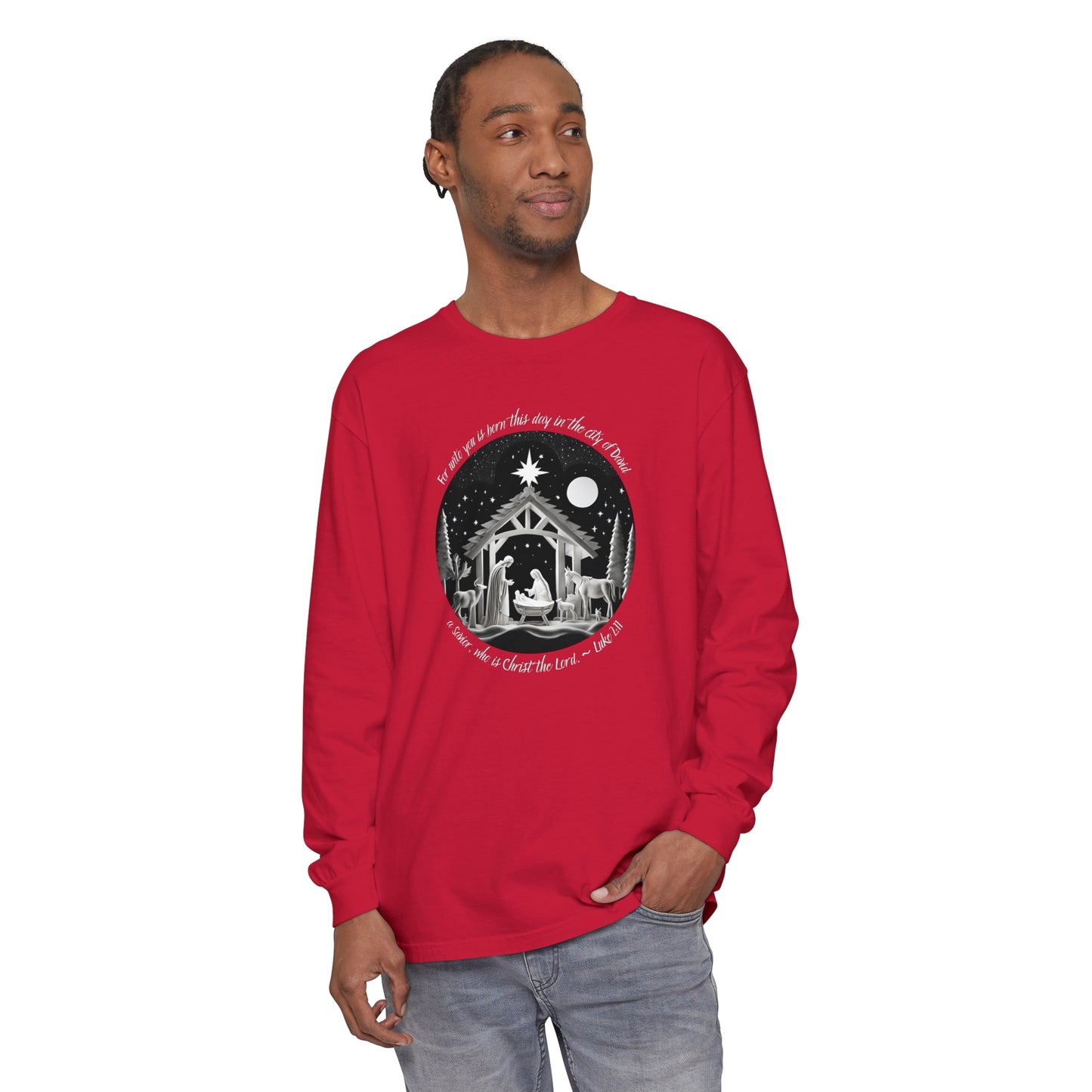 Luke 2:11 A Savior is Born Version 2 Long Sleeve Unisex Christmas T-shirt - Christian cotton tee