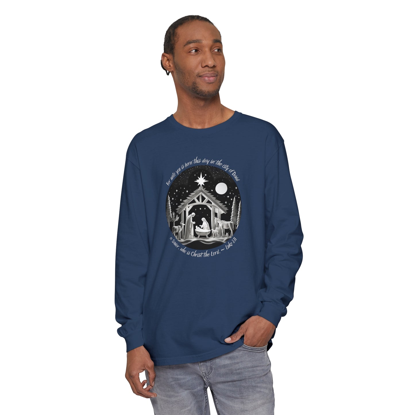 Luke 2:11 A Savior is Born Version 2 Long Sleeve Unisex Christmas T-shirt - Christian cotton tee