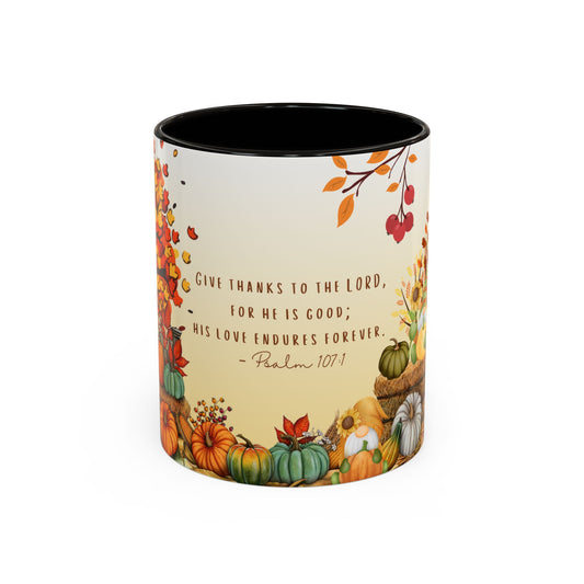 Fall Scripture Mug – Psalm 107:1 – Autumn Trees, Pumpkins & Gnomes