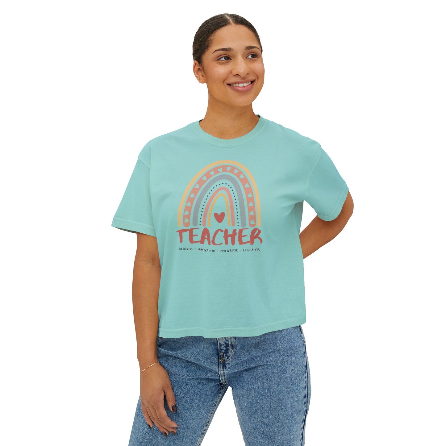 TEACHER Definition Boxy Tee – Believer, Innovator, Motivator, Educator | Inspirational Women's Graphic T-Shirt
