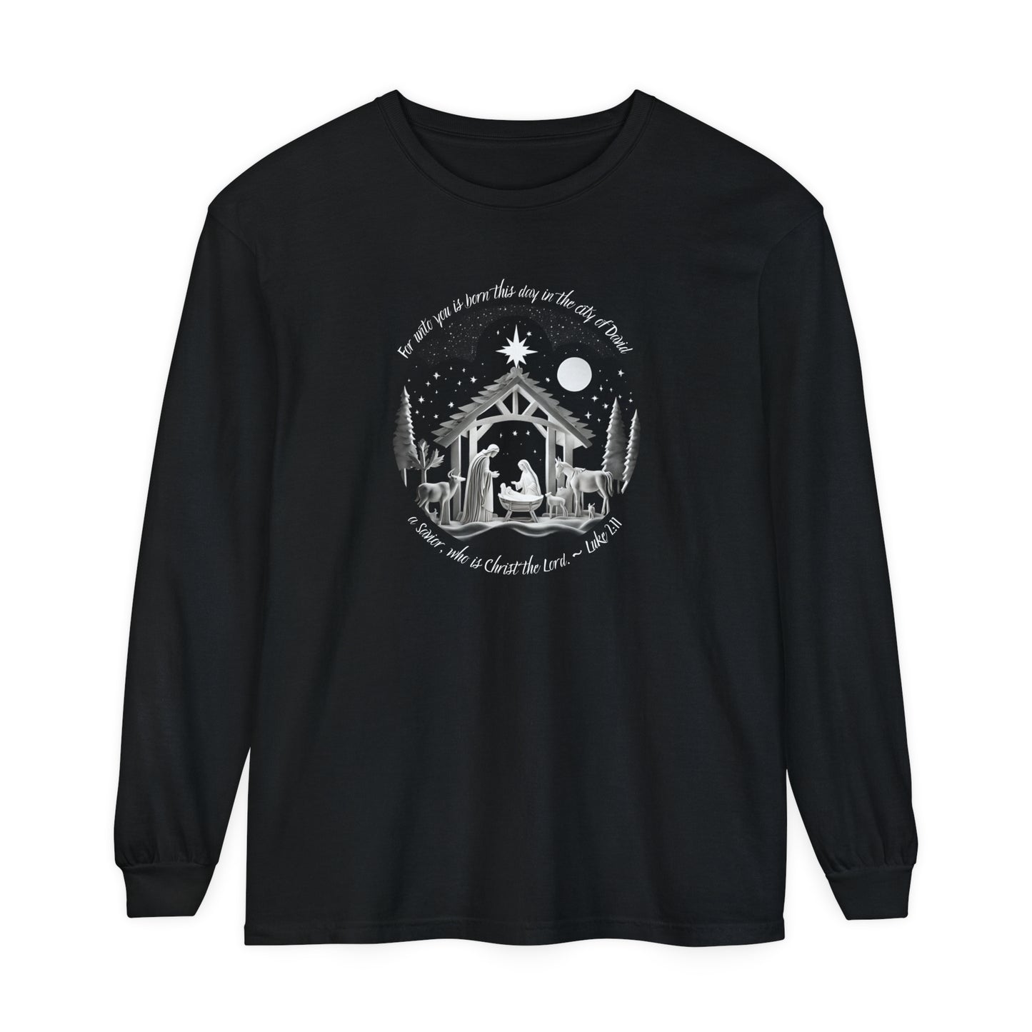 Luke 2:11 A Savior is Born Version 2 Long Sleeve Unisex Christmas T-shirt - Christian cotton tee
