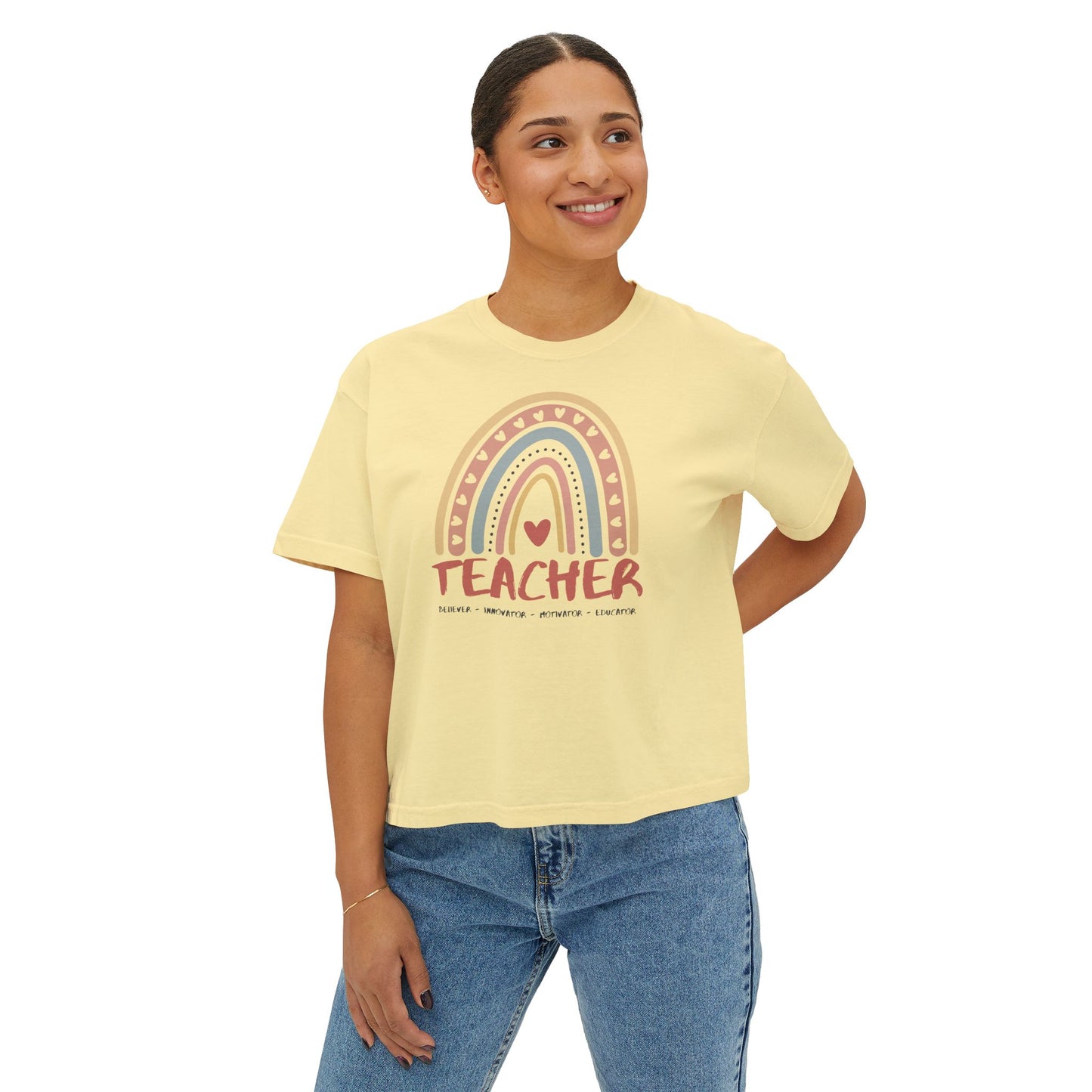 TEACHER Definition Boxy Tee – Believer, Innovator, Motivator, Educator | Inspirational Women's Graphic T-Shirt